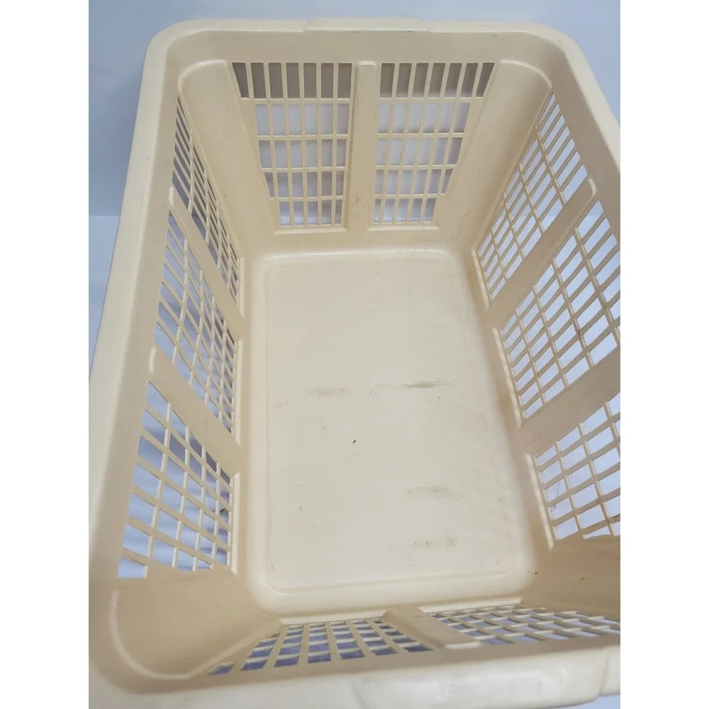 Vintage Cream Plastic Laundry Basket Rectangular Ventilated Storage Bin 23x17x10